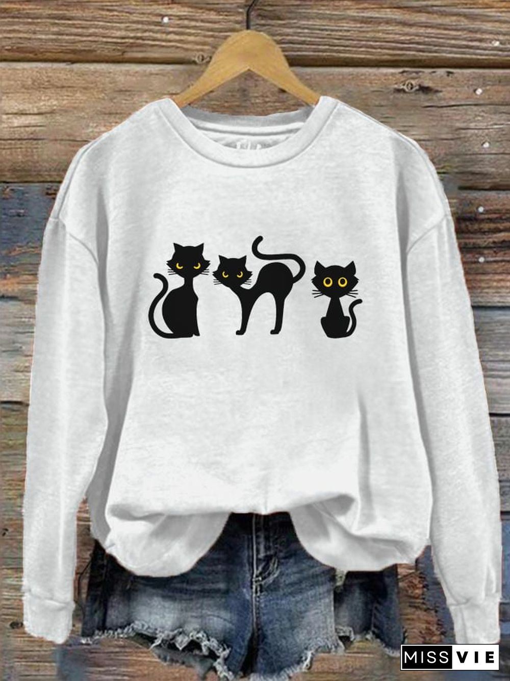 Women's Halloween Cat Print Crew Neck Sweatshirt