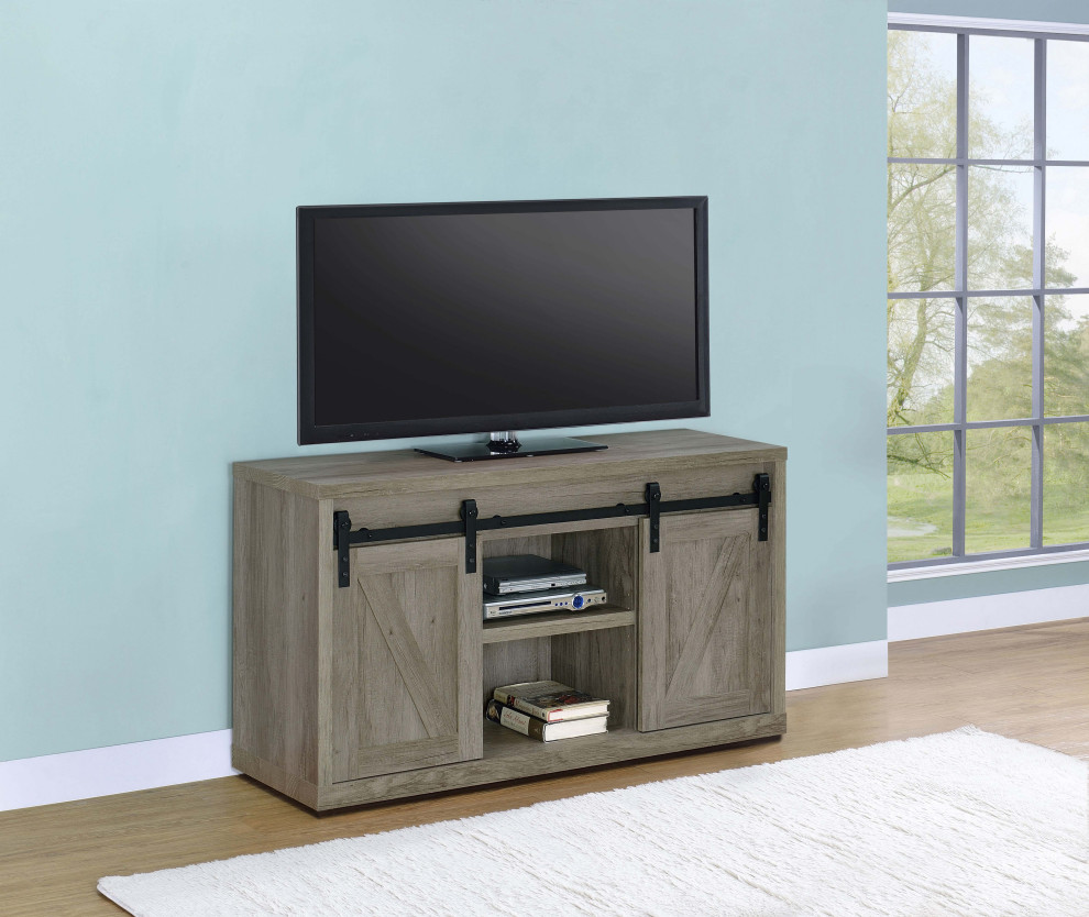 Brockton 48 quot3 shelf Sliding Doors TV Console Grey Driftwood   Modern   Entertainment Centers And Tv Stands   by Modon  Houzz