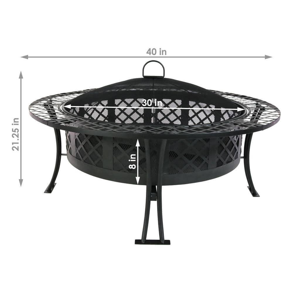 Sunnydaze Decor Diamond Weave 40 in x 20 in Round Steel Wood Burning Fire Pit in Black with Spark Screen