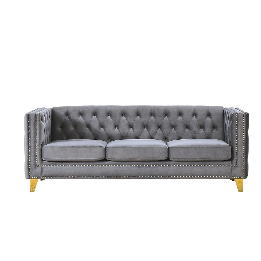 Buttons Tufted Square Arm Couch Set  Velvet Upholstered Sofa with Removable Cushion and Metal Legs for Living Room