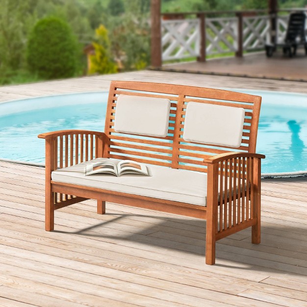 Lyndon Eucalyptus Wood 2 Seat Outdoor Bench With Cushions Light Brown Alaterre Furniture