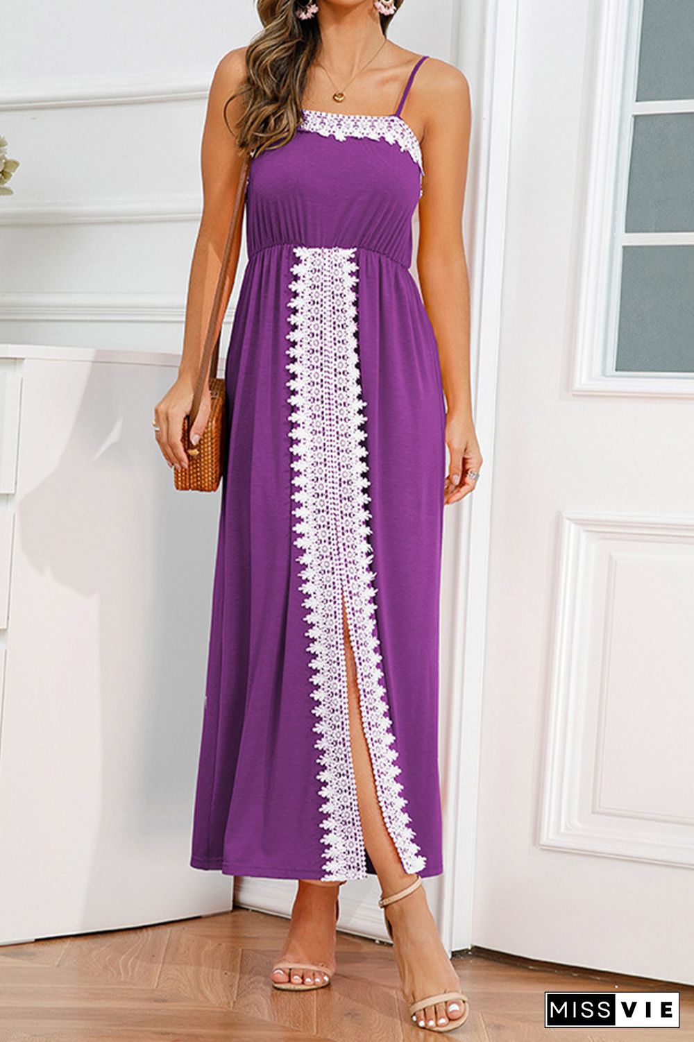 Plain Lace Edge Split Maxi Dress