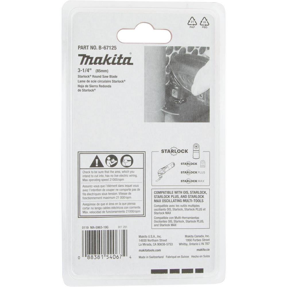 Makita 3-14 in. Starlock Round Saw Blade (BiM-TiN) 18 TPI B-67125