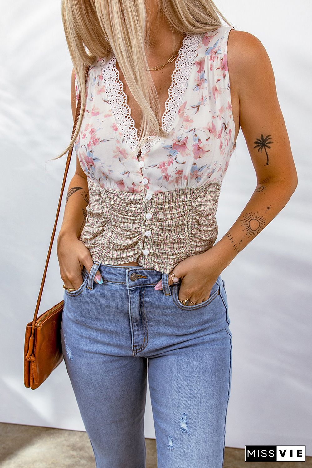 White Floral Plaid Lace Patchwork Tank Top