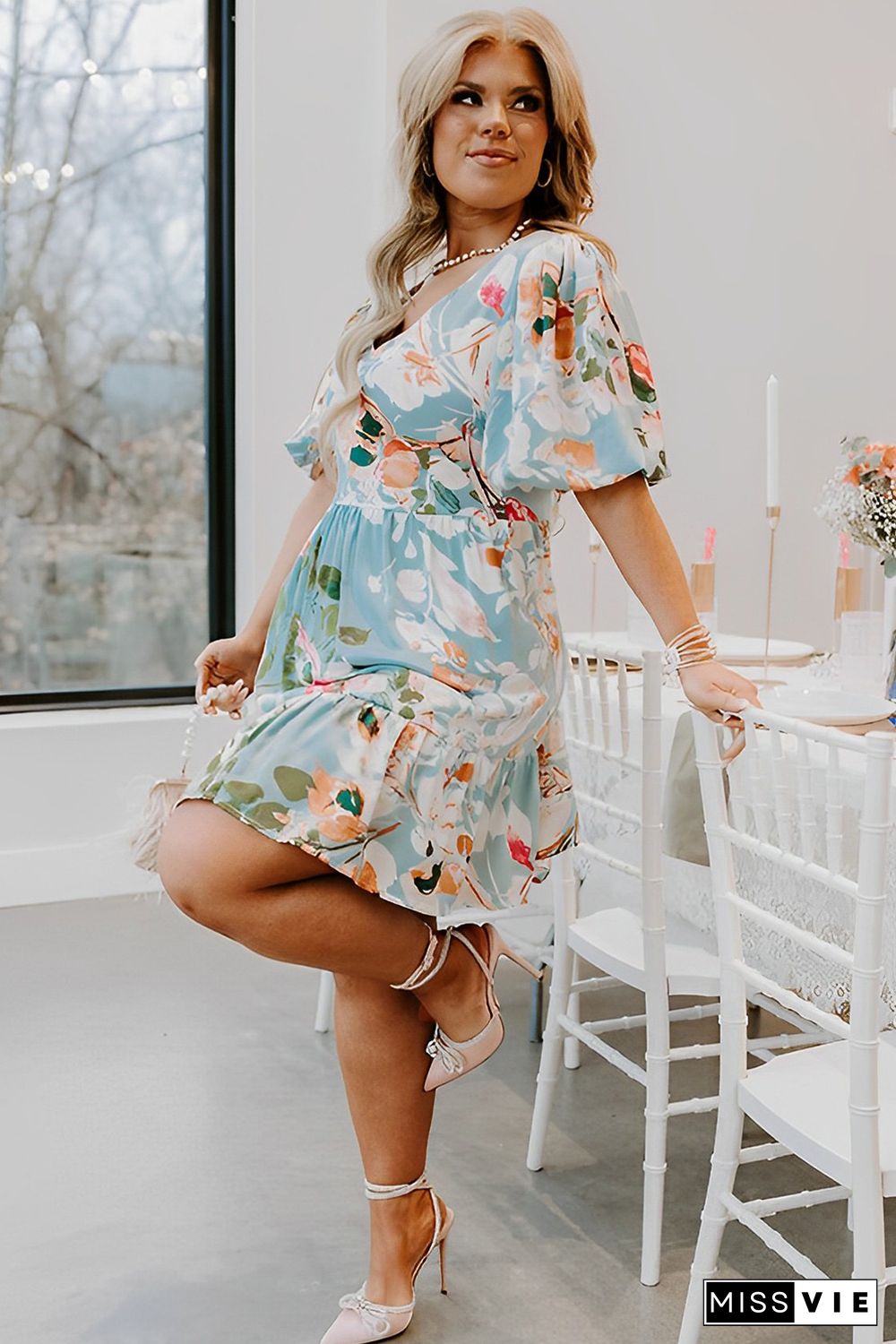 Sky Blue Floral Print Ruffled Puff Sleeve Plus Size Mini Dress