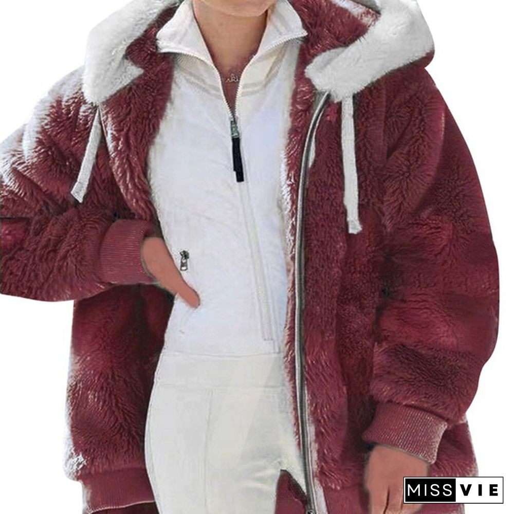 Women Winter Jacket Oversized Fashion Casual Stitching Clothes Hooded Zipper Ladies Lamb Hair Coat  Plus Size XS-5XL