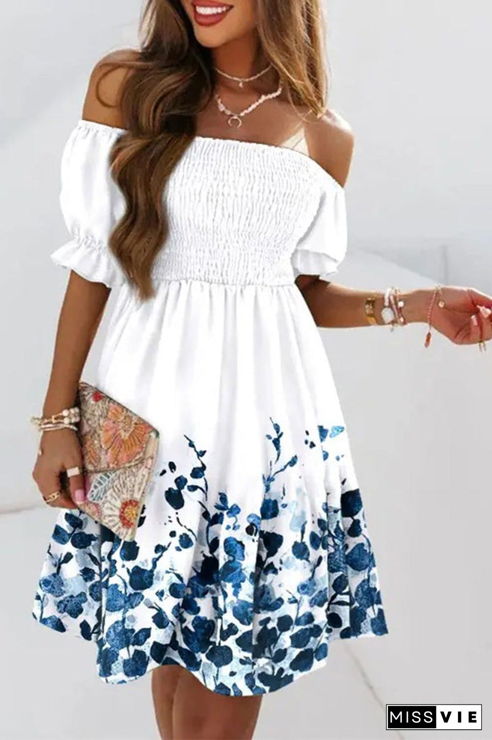 Verna Printed Off Shoulder Shirred Swing Dress