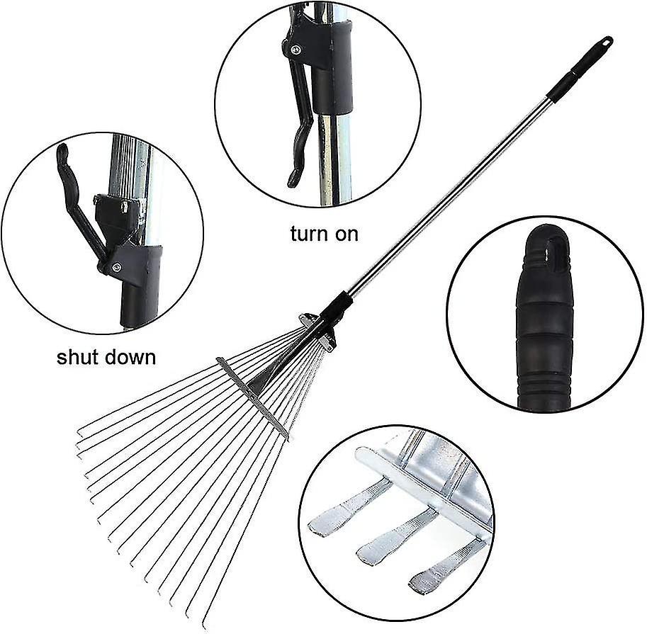 Leaf Rake Stable Garden Rake Professional Leaf Rake Adjustable Fan Rake 19-52 Cm Silver Lawn Rake With Handle 15 Prongs