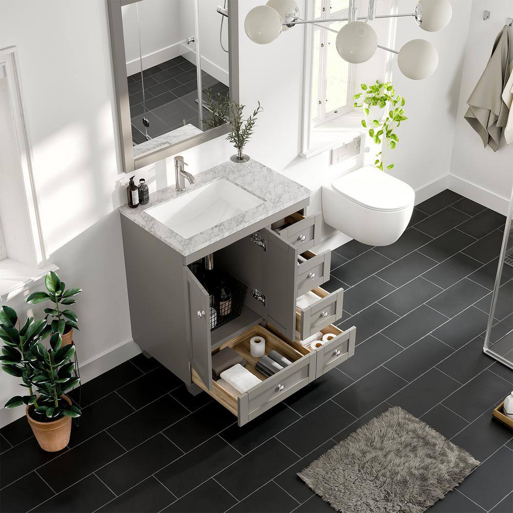 Eviva Happy 30 in. W x 18 in. D x 34 in. H Bathroom Vanity in Gray with White Carrara Marble Top with White Sink EVVN30-30X18GR