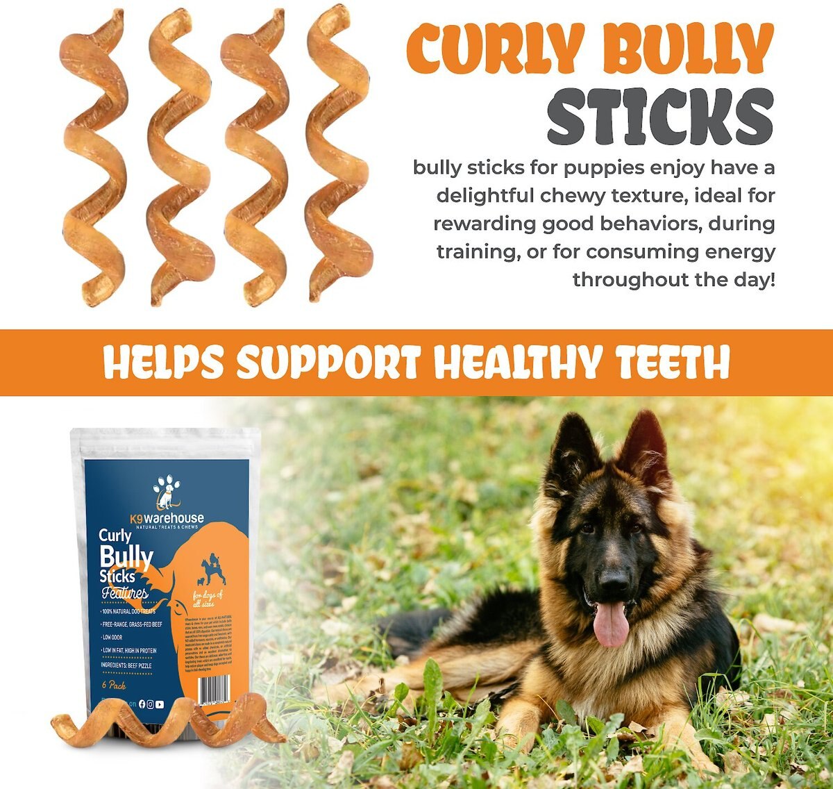 K9warehouse Curly Bully Sticks 6-inch Dog Treats， 6 count