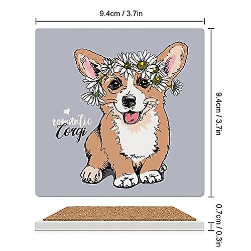 Colourlife Square Drink Coasters 4 Pcs Welsh Corgi Puppy With Chamomile Flowers Absorbent Ceramic Coffee Coasters For Drinks With Cork Base Housewarmi