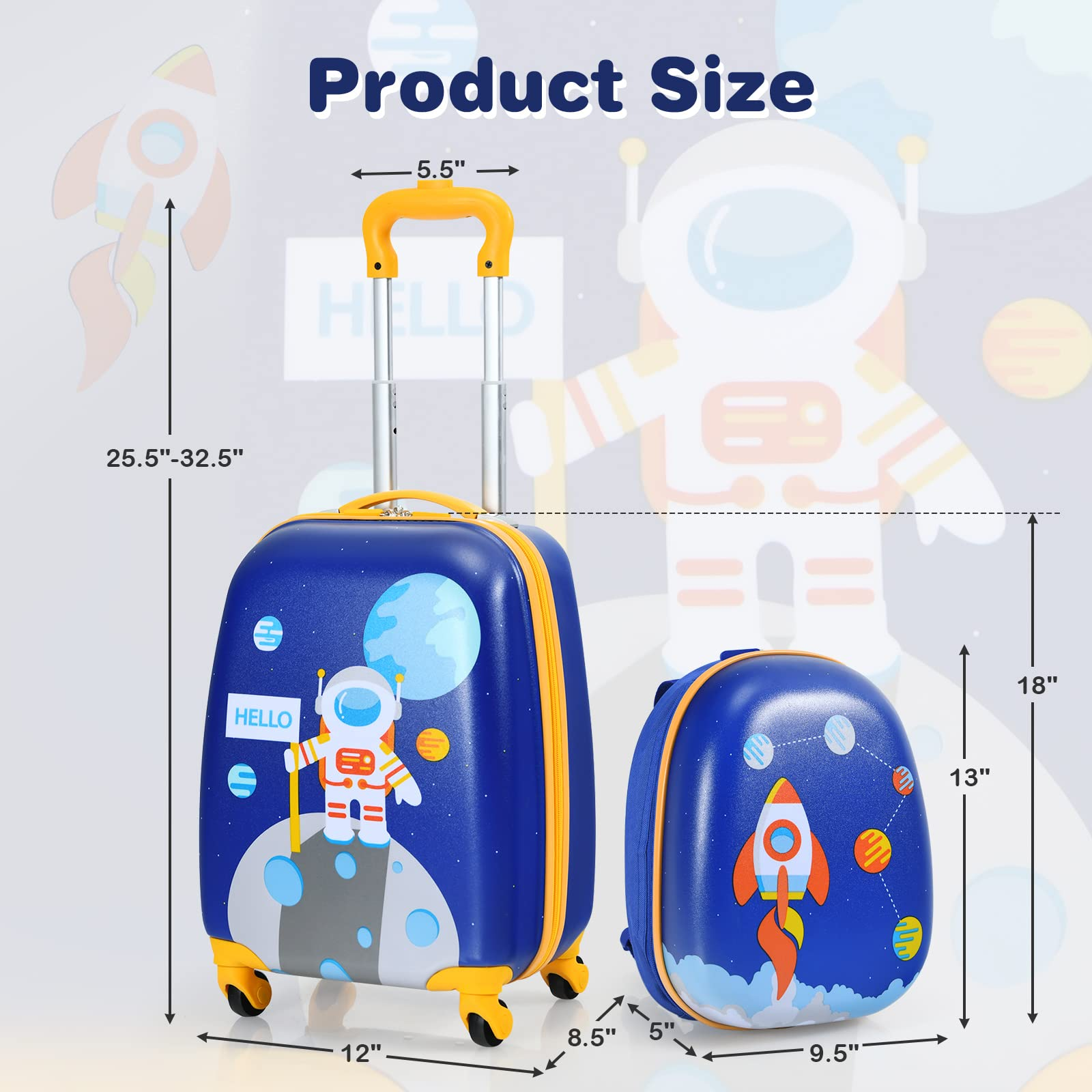 BABY JOY 2 Pieces Kids Luggage Set, 16 Toddlers Carry-on Suitcase & 12 Backpack Set