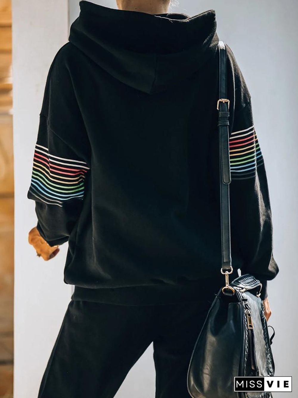 Black Rainbow Hoodie Drawstring Pants Two-Piece