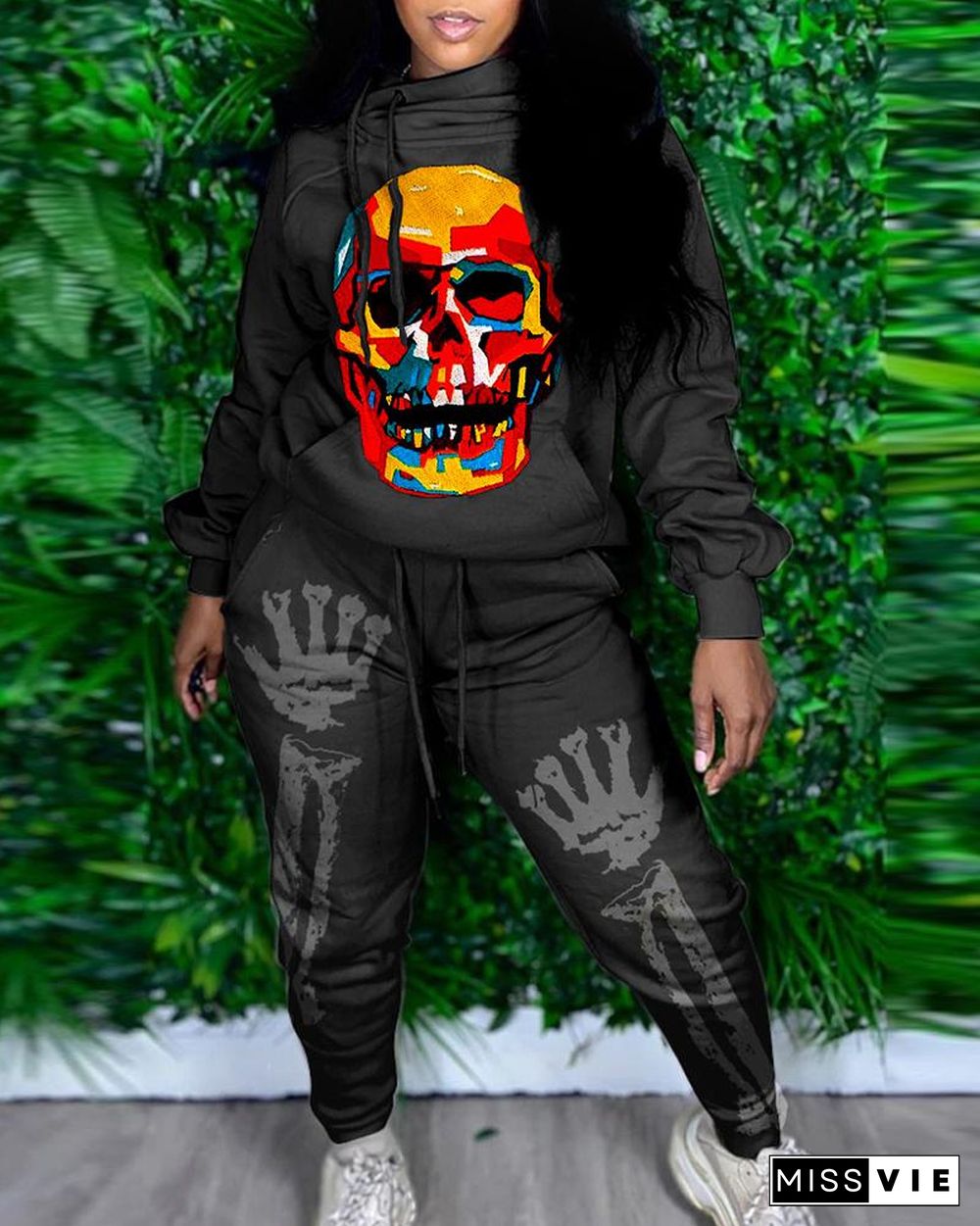 Halloween Skull Print Hooded Top & Drawstring Pants Set