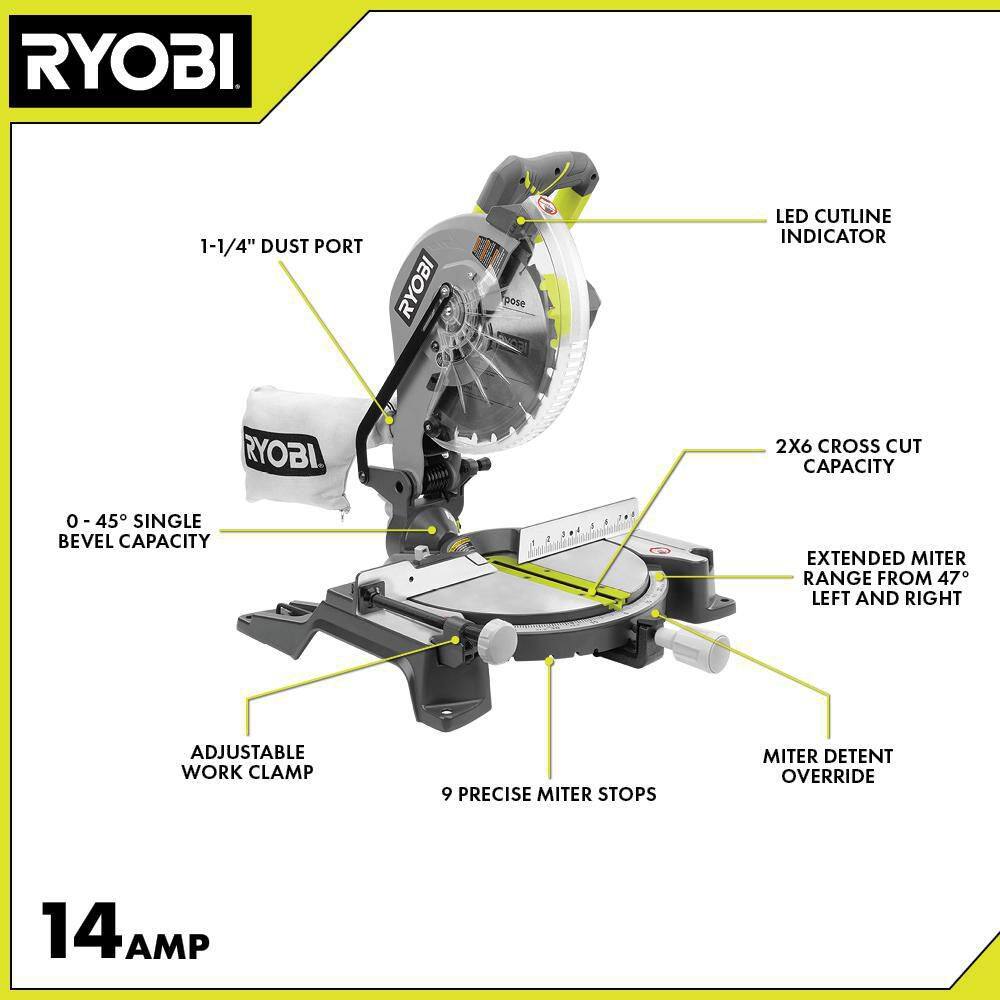 RYOBI 14 Amp Corded 10 in. Compound Miter Saw with LED Cutline Indicator TS1346