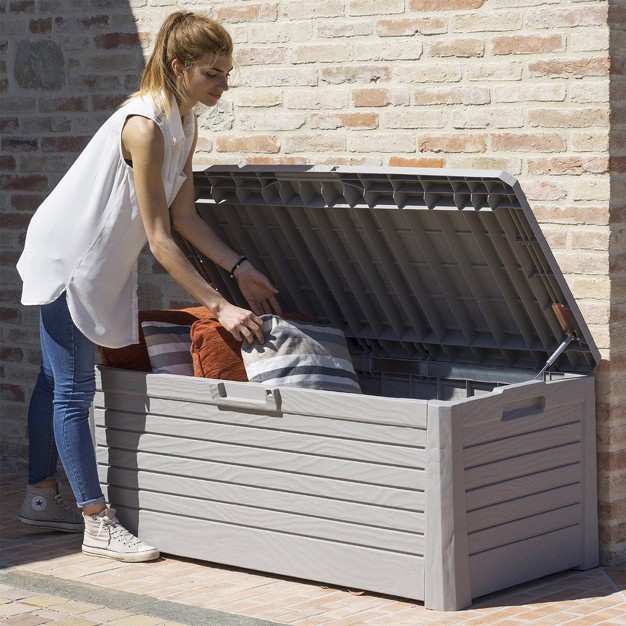 Toomax Florida Uv Resistant Lockable Deck Storage Box Bench For Outdoor Pool Patio Garden Furniture amp Indoor Toy Bin Container 145 Gallon warm Grey