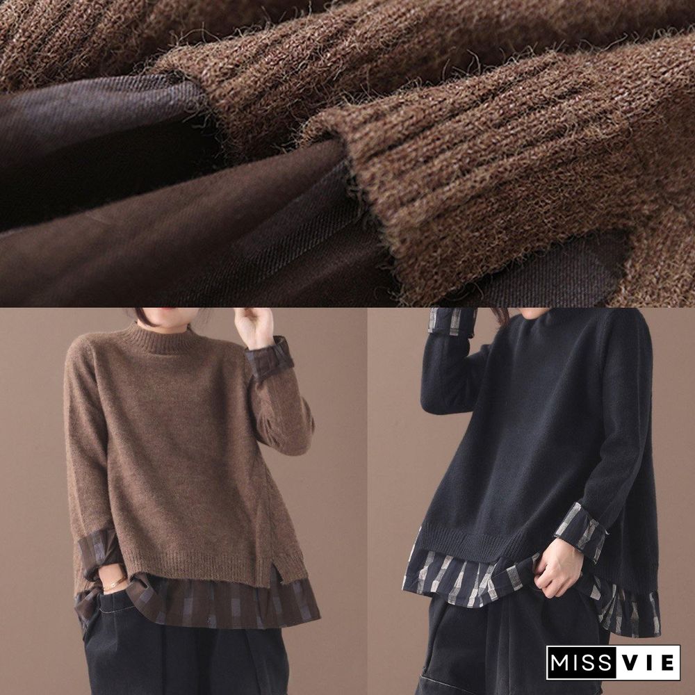 Winter o neck chocolate knitwear trendy plus size false two pieces knitted t shirt