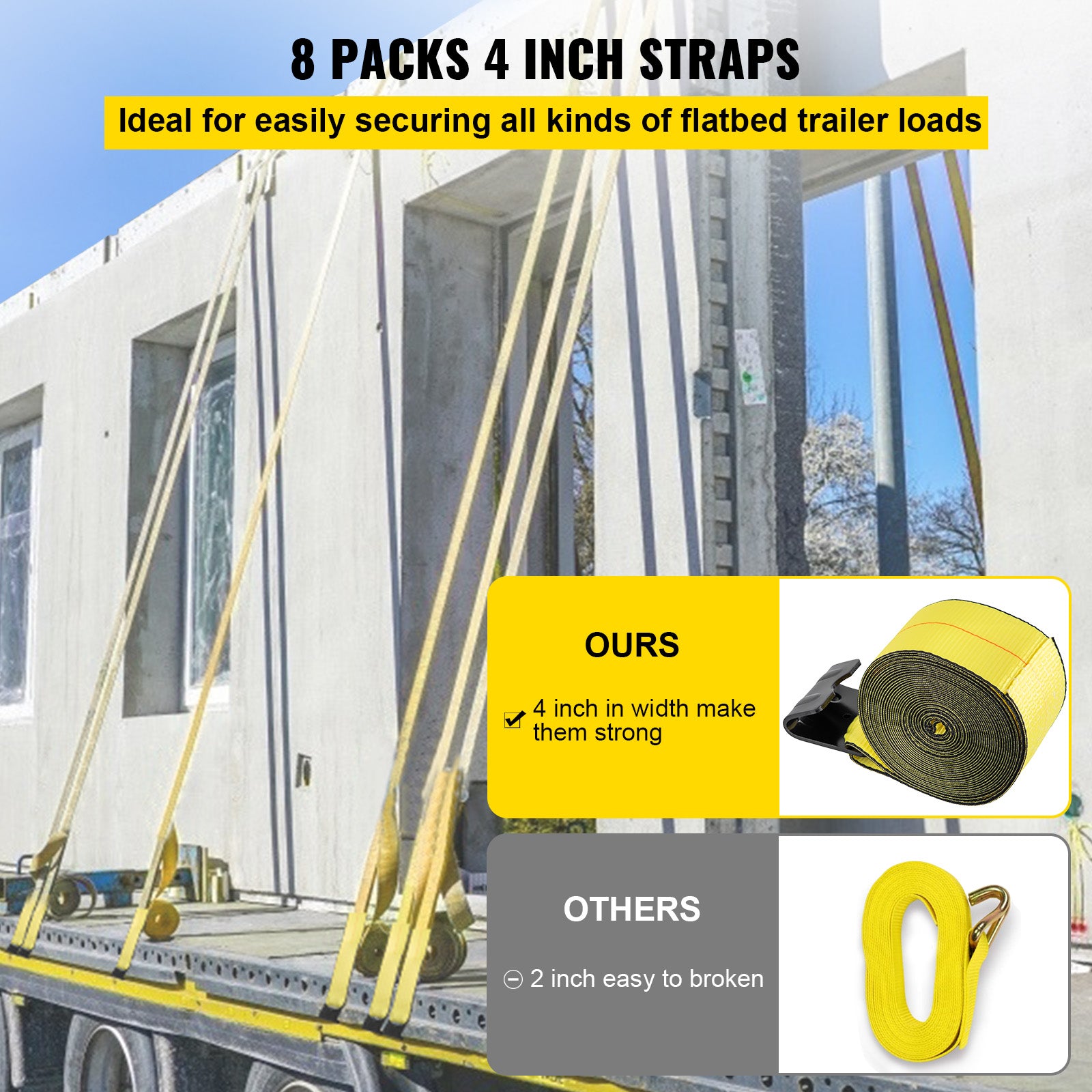 VEVOR Truck Straps 4"x30' Winch Straps with A Flat Hook Flatbed Tie Downs 5400lbs Load Capacity Flatbed Strap Cargo Control for Flatbeds, Trucks, Trailers, Farms, Rescues, Tree Saver, Yellow (8 Pack)