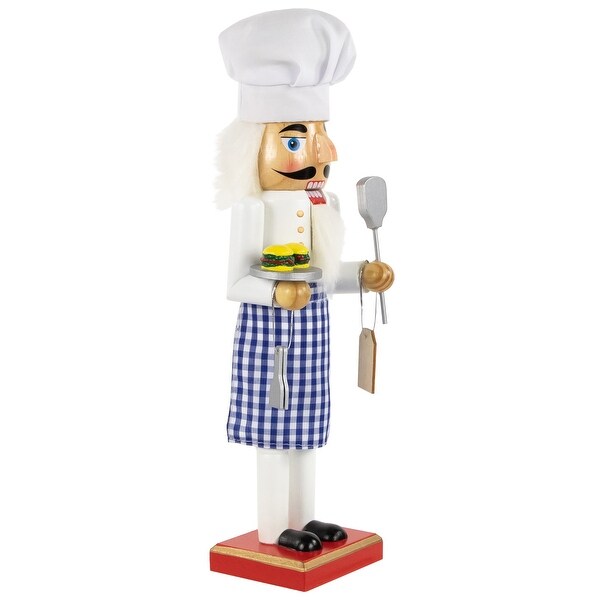 14 White and Blue Chef with Gingham Apron Wooden Christmas Nutcracker