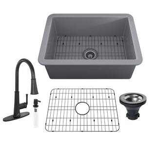 CASAINC All-in-one Matte Gray Fireclay 27 in. Single Bowl Undermount Kitchen Sink with Infrared Sensor Faucet and Accessories KCSL0016-UG27MB