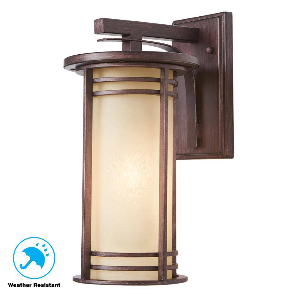 Home Decorators Collection 15 in. 1-Light Bronze Outdoor Wall Lantern Sconce with Amber Glass 16980