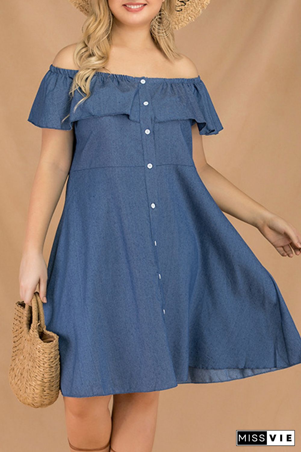 Off Shoulder Button Down Ruffle Denim Plus Size Dress Wholesale