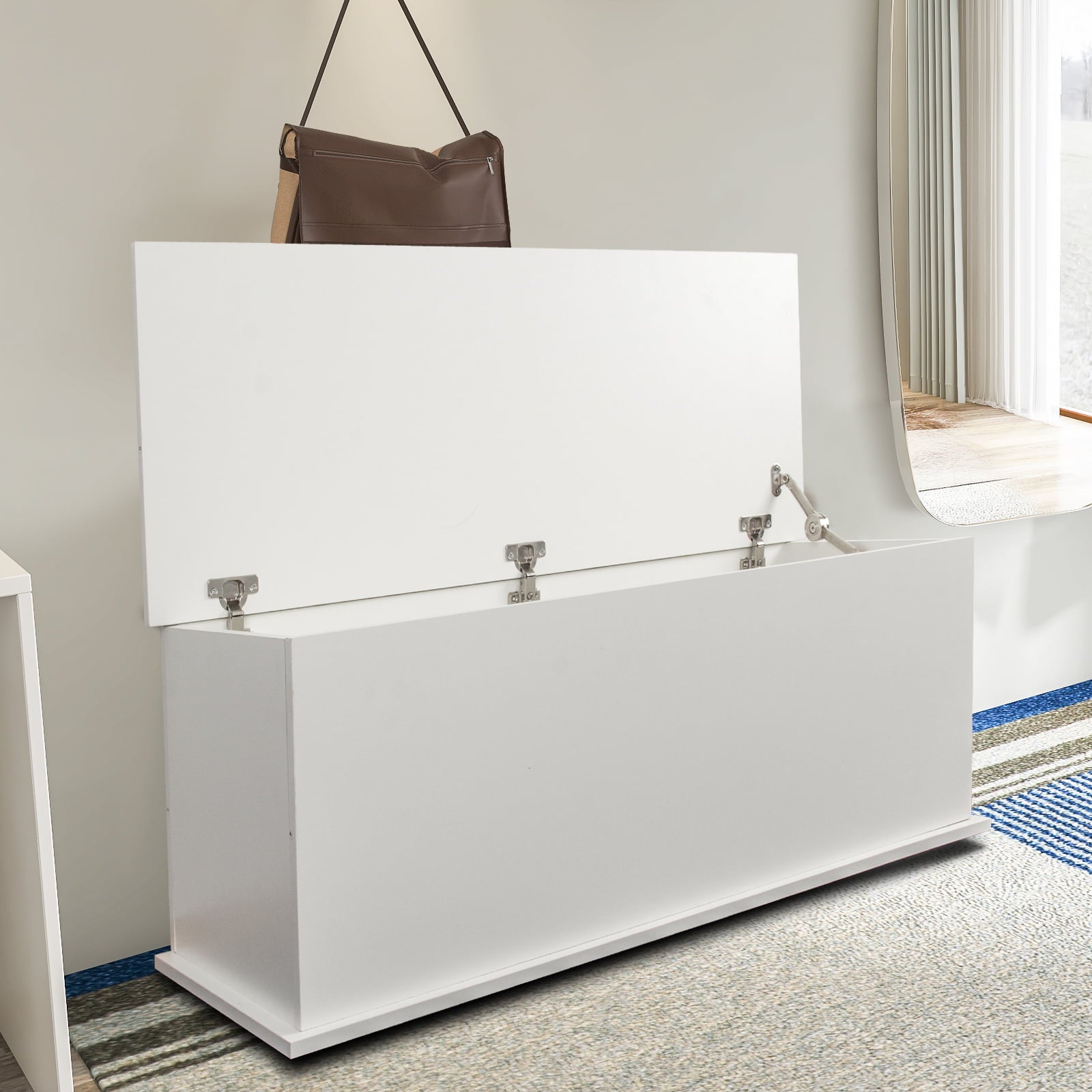 Modern Lift-Top Storage Chest Trunk for Entryway, Wood Bench Toy Box Organizer with 2 Safety Hinges for Living Room Bedroom White