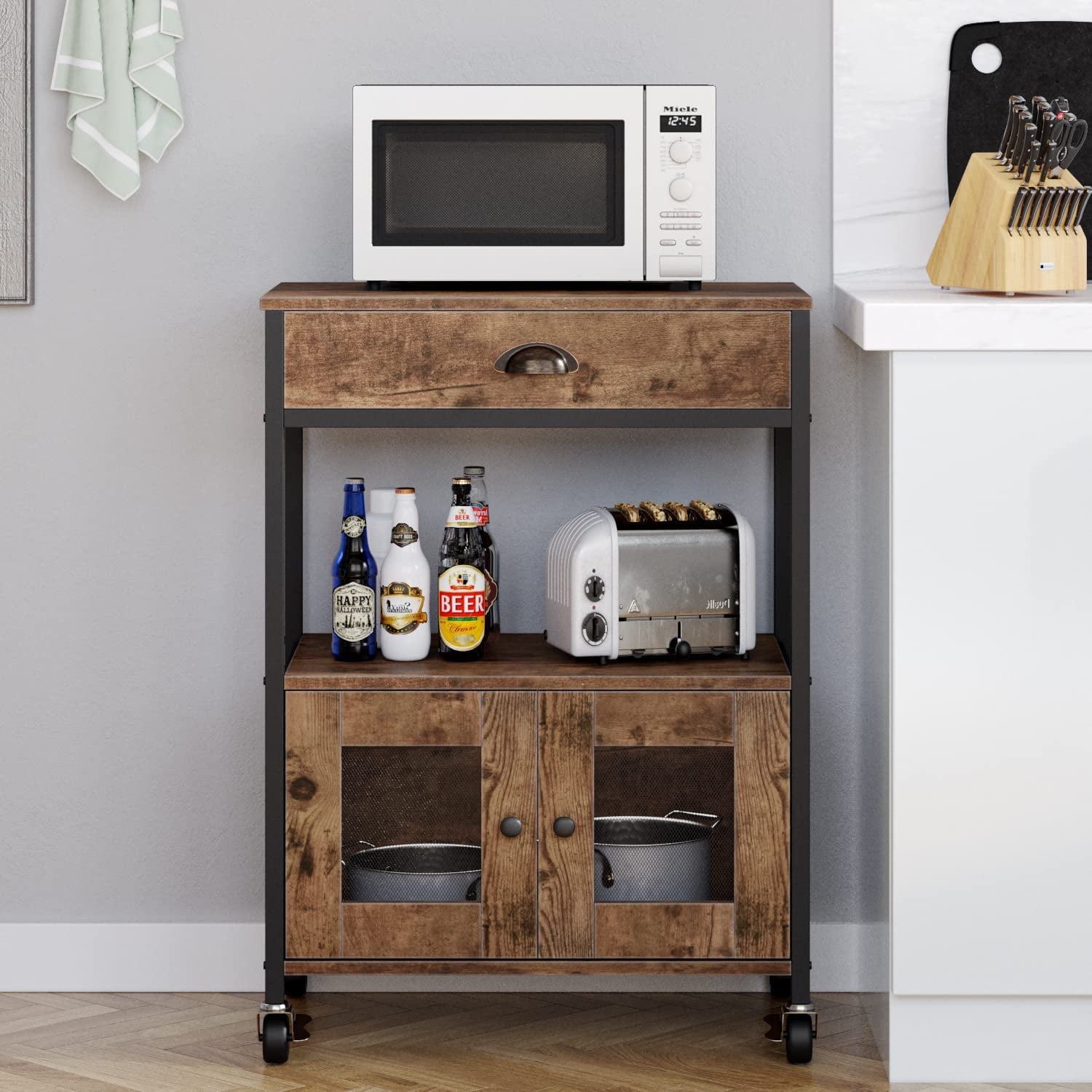 Kitchen Bakers Rack， Industrial Microwave Oven Stand with Shelf， Coffee Bar Cart Kitchen Island on Wheels with Storage， Rustic Brown