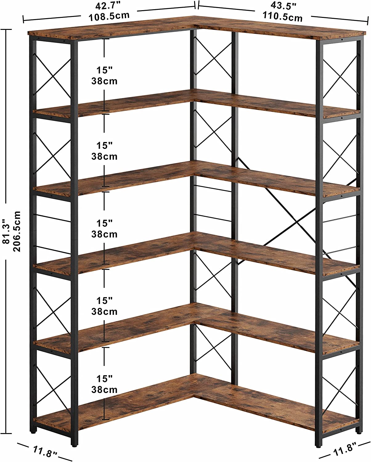 Corner Bookshelf 5 Tiers/6 Tiers Industrial Bookcases Shelf Storage Rack with Metal Frame