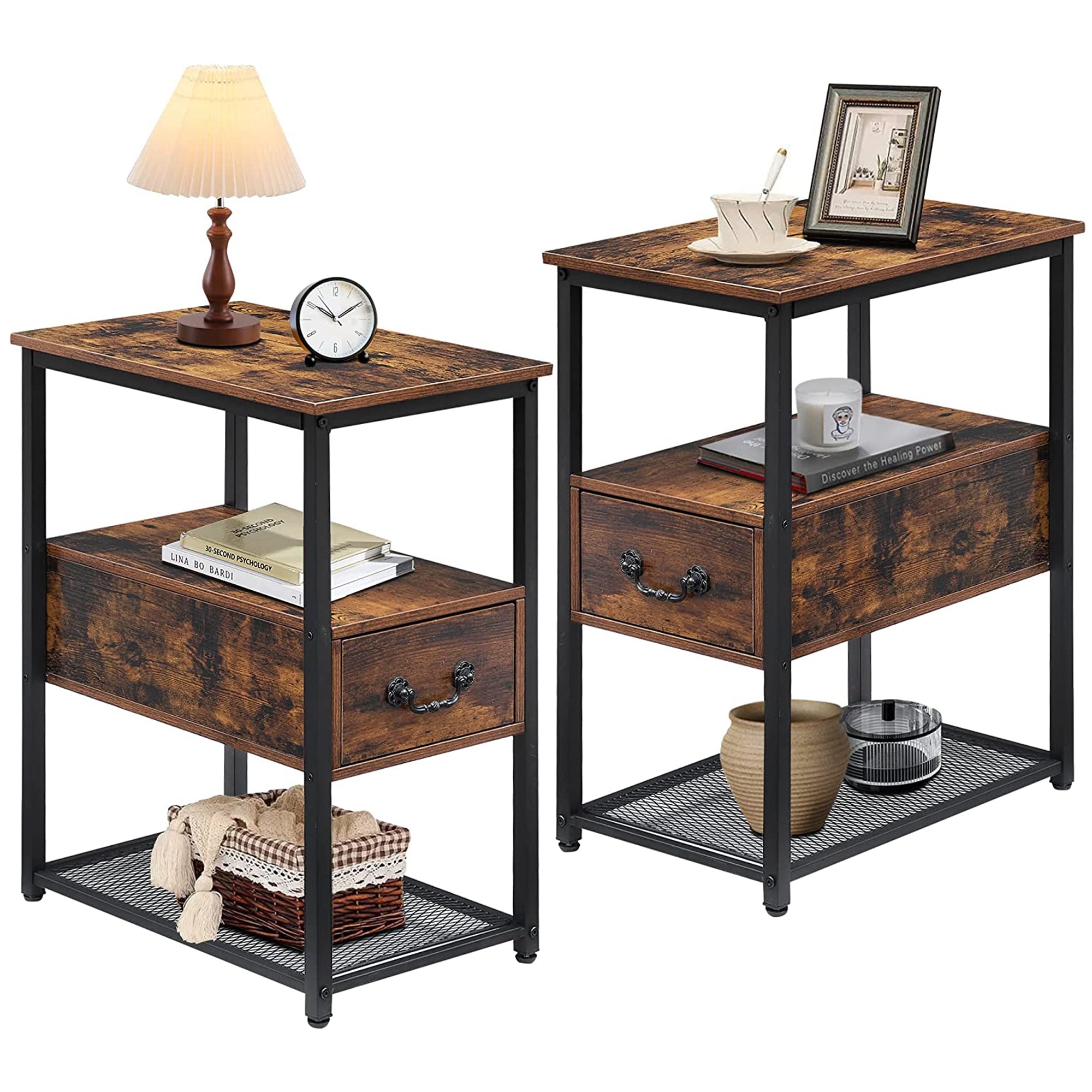 VECELO Set of 2 Nightstands with Drawer, Bedside End Table for Living Room/Bedroom/Office, Brown