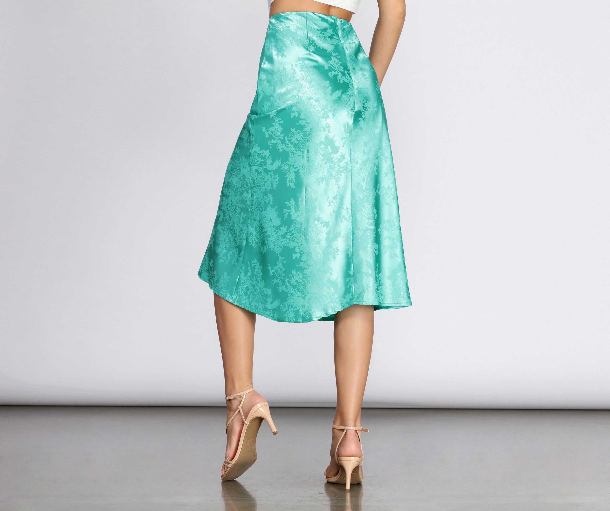 Embossed Floral Print Satin Midi Skirt