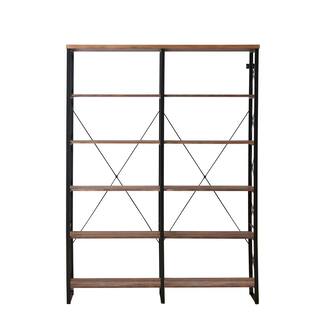 KINWELL 80 in. Brown Vintage Wood 6-Shelf Etagere Bookcase with Black Metal Frame MDBS006A