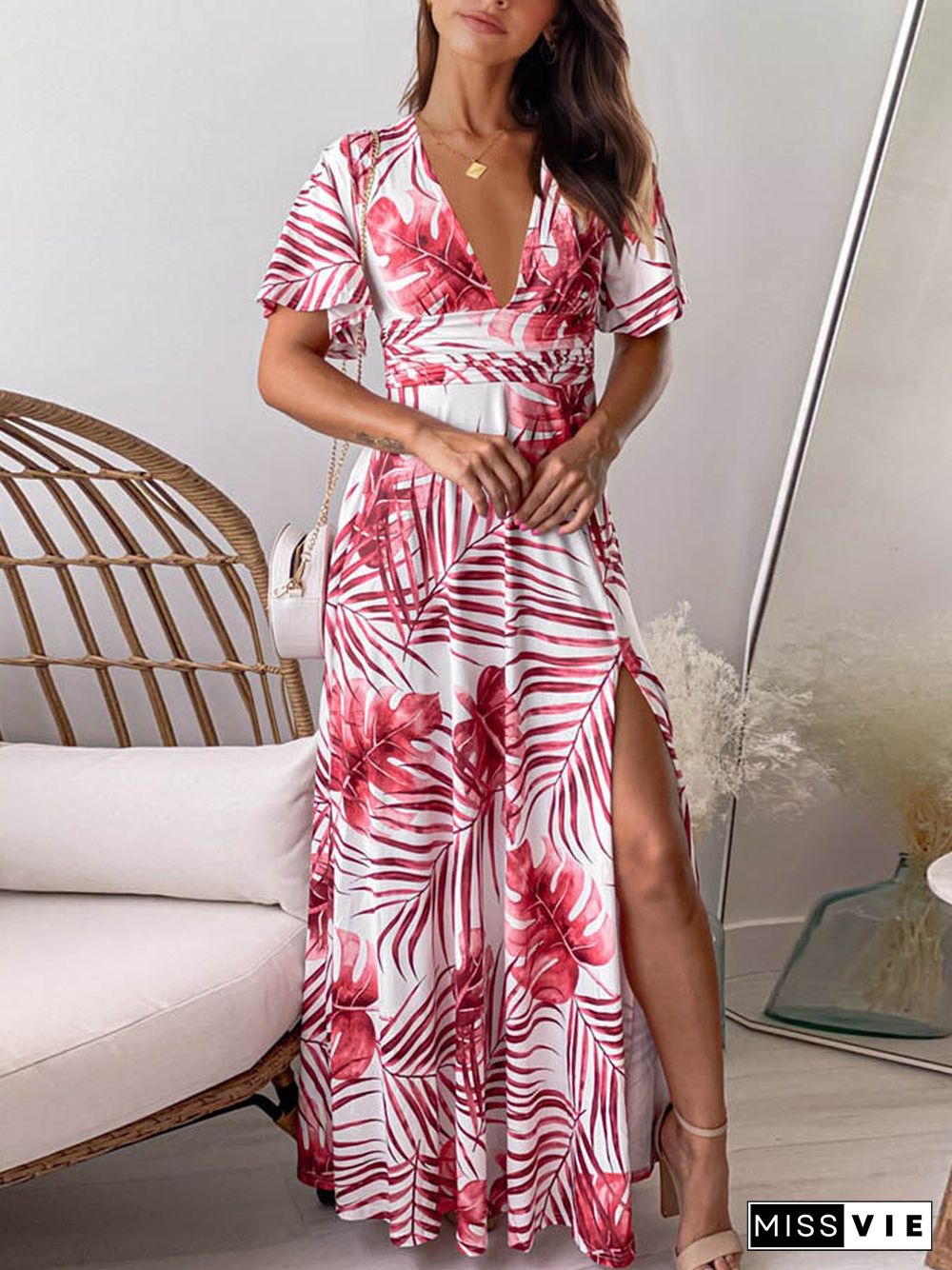 Long Side Split V Neck Short Sleeve Maxi Dress