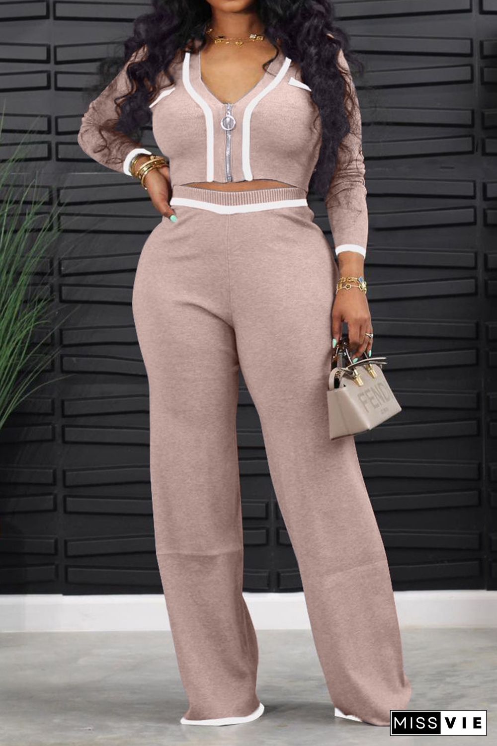 Contrast Binding Zip Up Crop Top & Pants Set