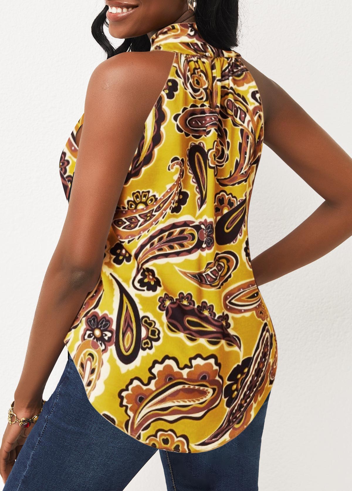 Bib Neck Floral Print Yellow Tank Top