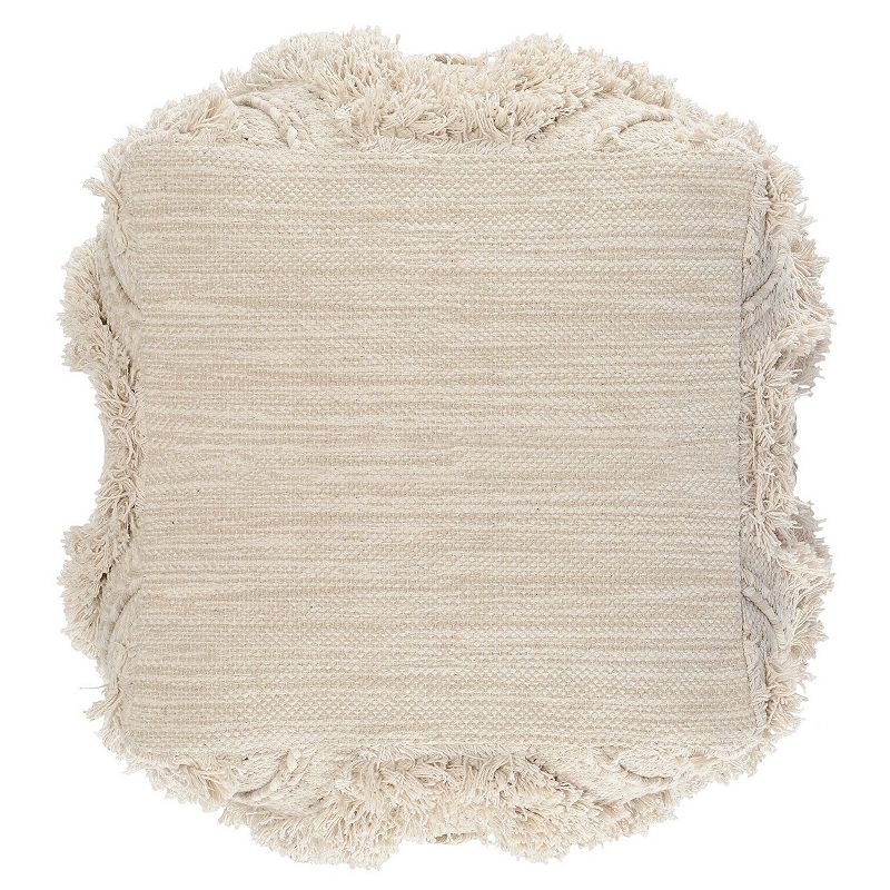 Fabric Pouf Ottoman with Woven Design and Fringe Details， Cream