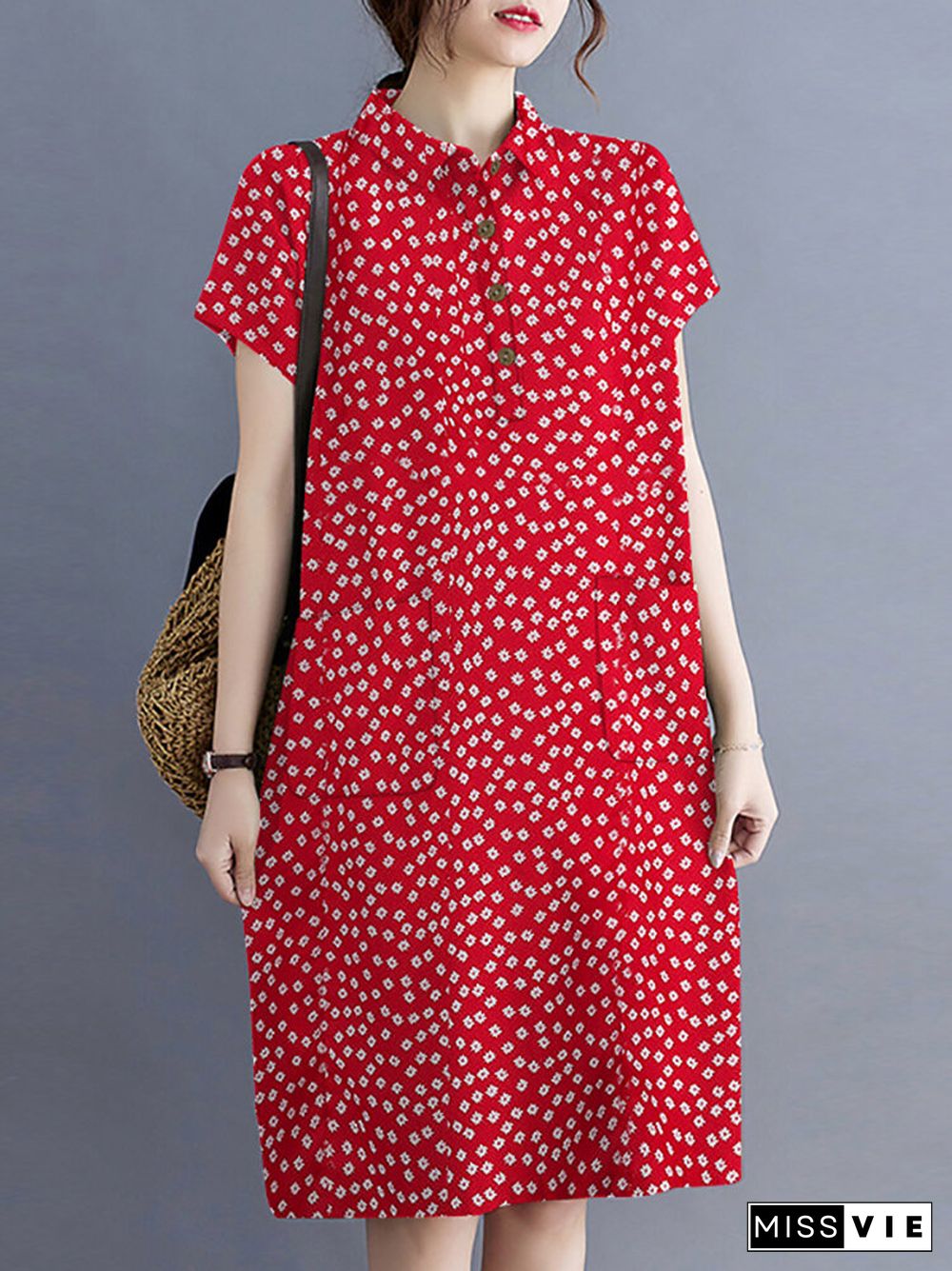 Calico Button Pocket Lapel Short Sleeve Casual Midi Print Dress