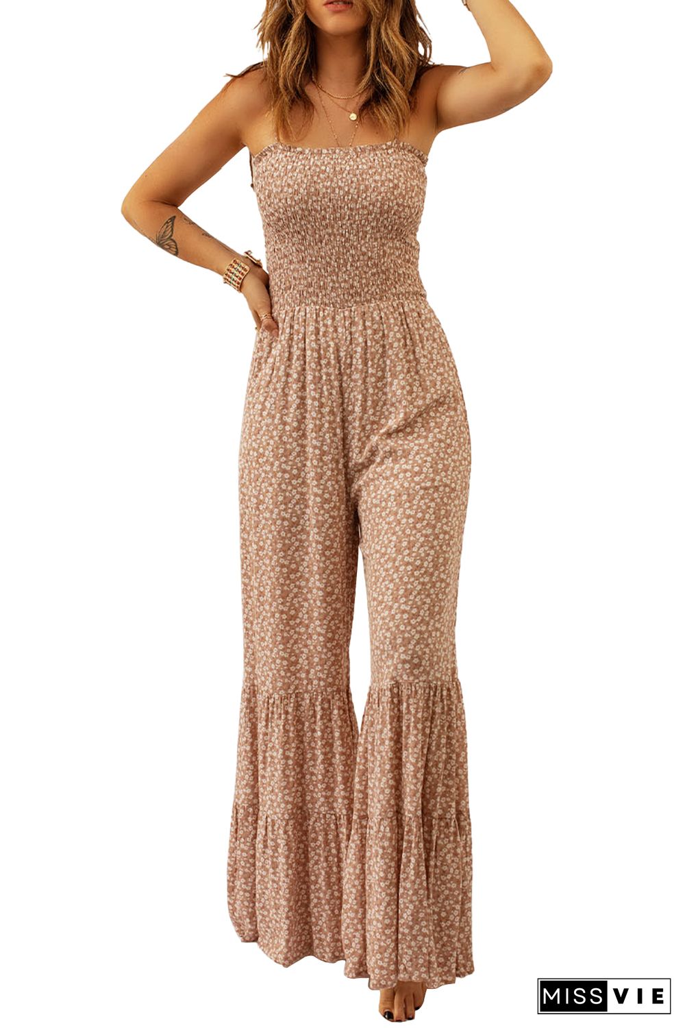 Khaki Thin Straps Smocked Bodice Wide Leg Floral Jumpsuit