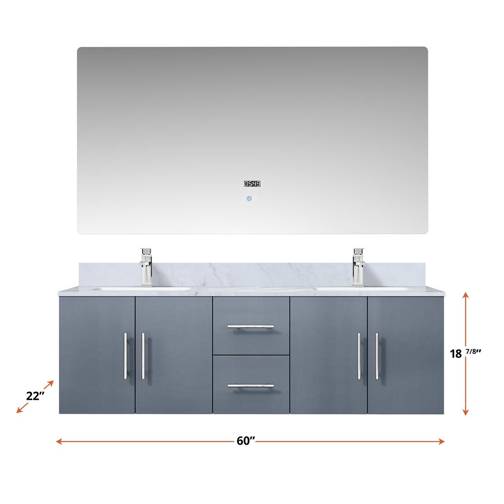 Geneva 60 in. W x 22 in. D Dark Grey Double Bath Vanity  Carrara Marble Top  Faucet Set  and 60 in. LED Mirror