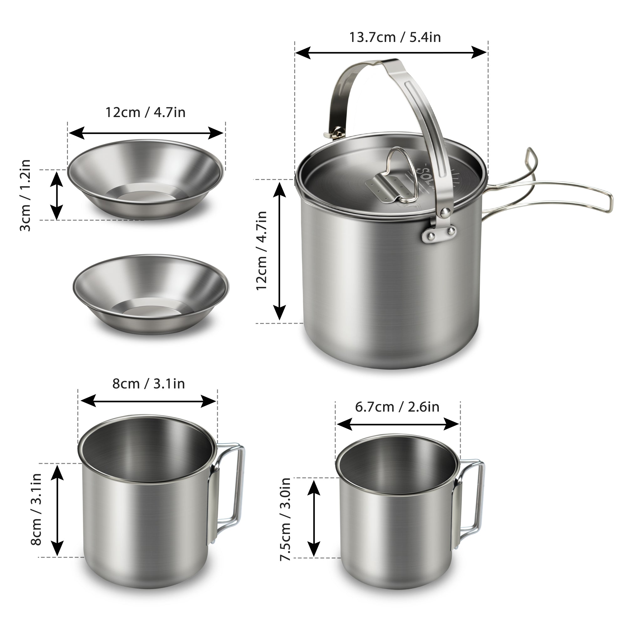 Tomfoto 5PCS Stainless Steel Kettle with 2 Cups 2 Bowls Foldable Handles Lid Large Capacity Portable Tea Coffee Water Cooking Pot for Camping Hiking Picnic Outdoors