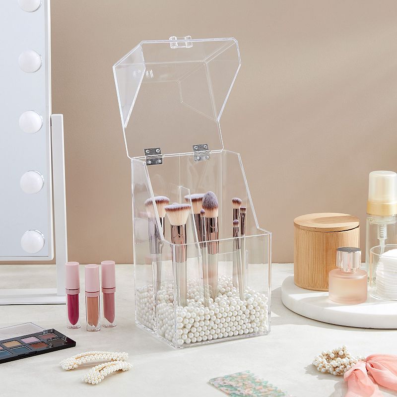 Acrylic Makeup Brush Holder with Lid and Beads Cosmetic Storage Organizer (6 x 5.7 x 9.25 In)