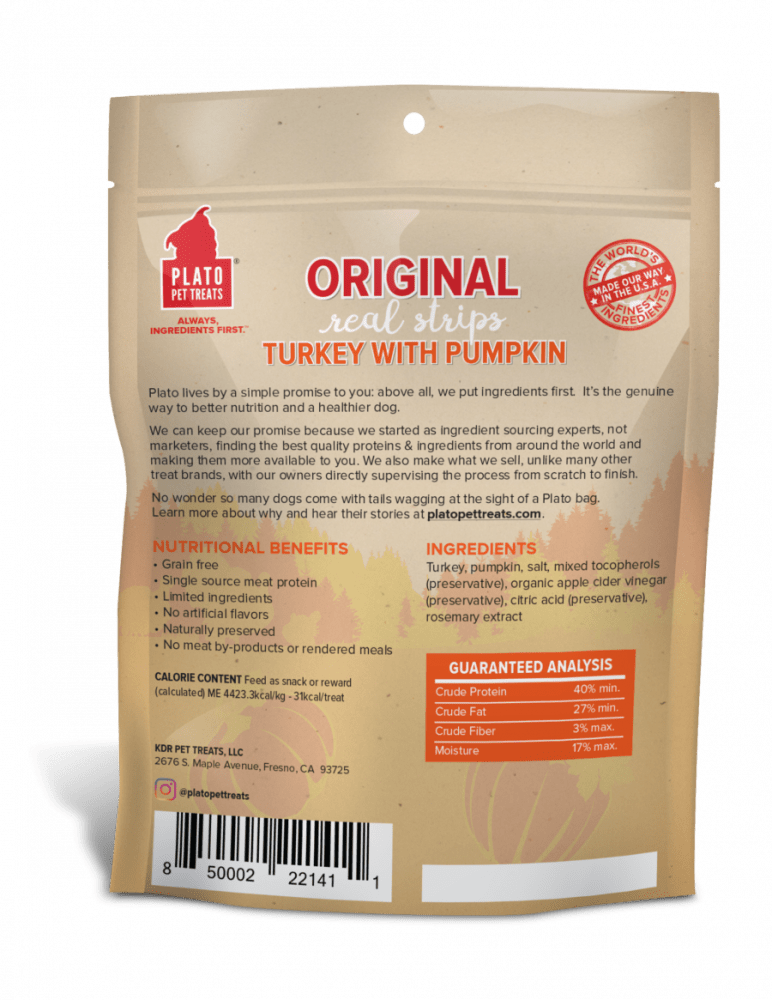 Plato Grain Free Real Strips Turkey With Pumpkin Dog Treats