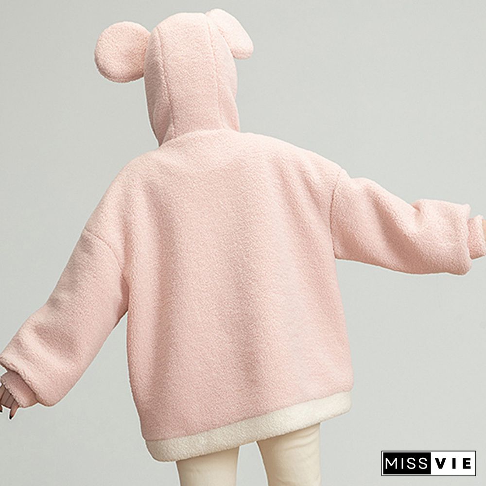 Cartoon Bear Ears Zipper Colorblock Loose Hoodie