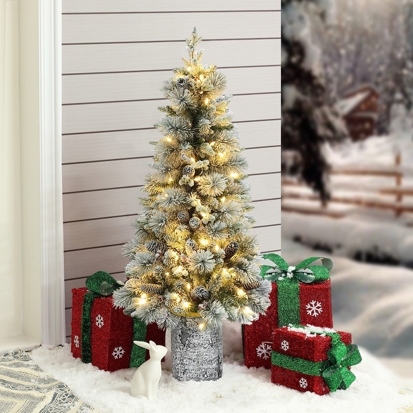 4Ft PreLit Green Flocked Potted Artificial Christmas Tree