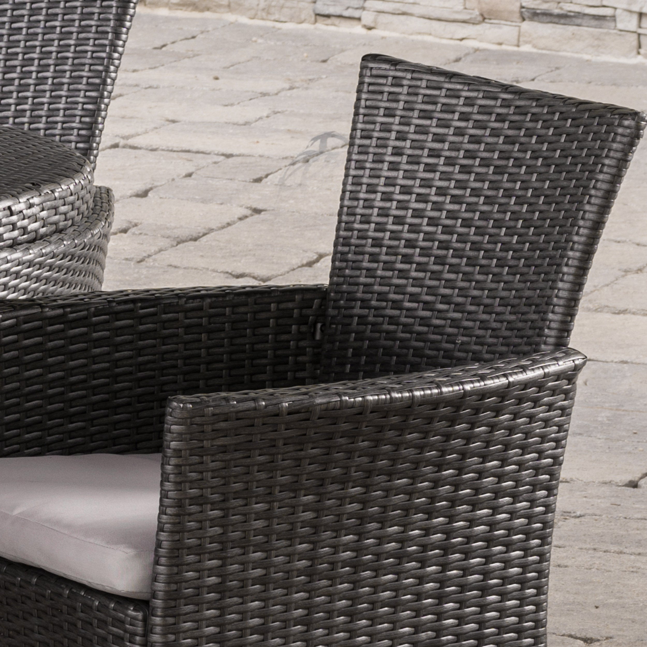 Vineland Outdoor 7 Piece Gray Wicker Oval Dining Set with Silver Water Resistant Cushions