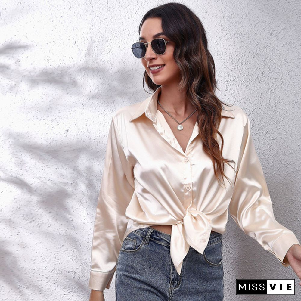 XS-8XL Spring Summer Tops Plus Size Fashion Clothes Women's Casual Long Sleeve Chiffon Blouses Ladies Deep V-neck Solid Color Turn Down Collar Loose Satin Tops