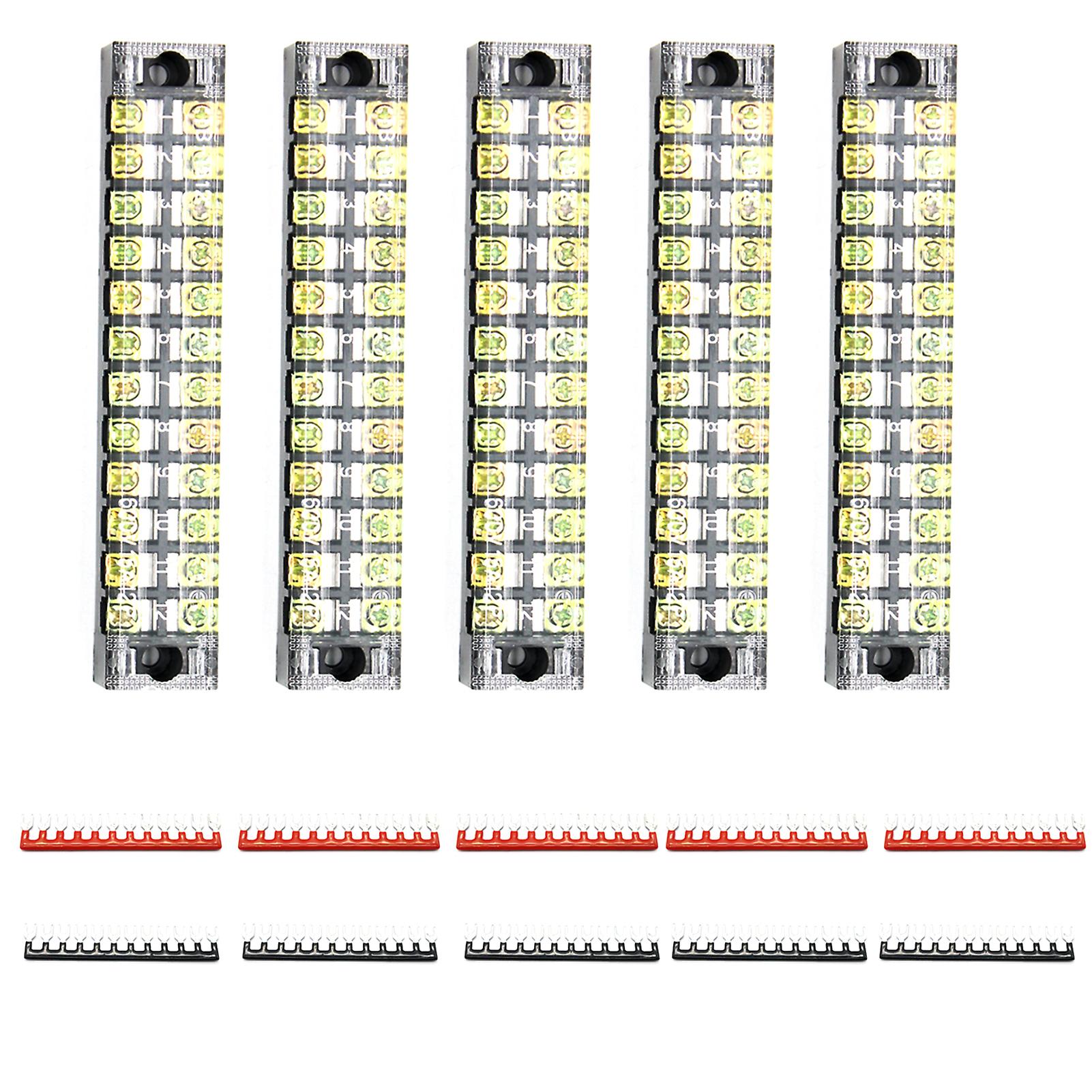 10pcs(5 Sets)-5pcs 600v 15a 12 Positions Double Row Screw Terminal Strip With Cover+5pcs 600v 15a 12 Positions Black Red Pre-insulated Terminal Barrie