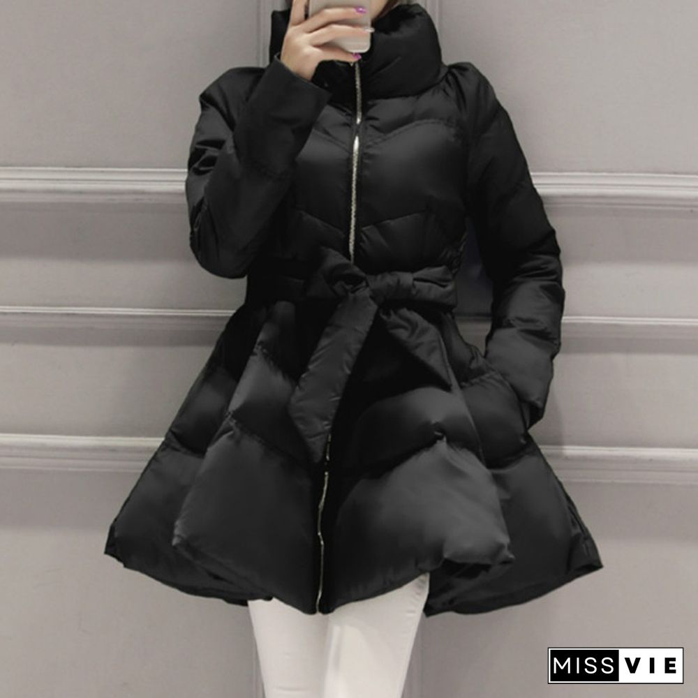 Women Puffer Coat Jacket Swing Zip Bowtie Mid Length Quilted Padded Winter Outerwear Casual