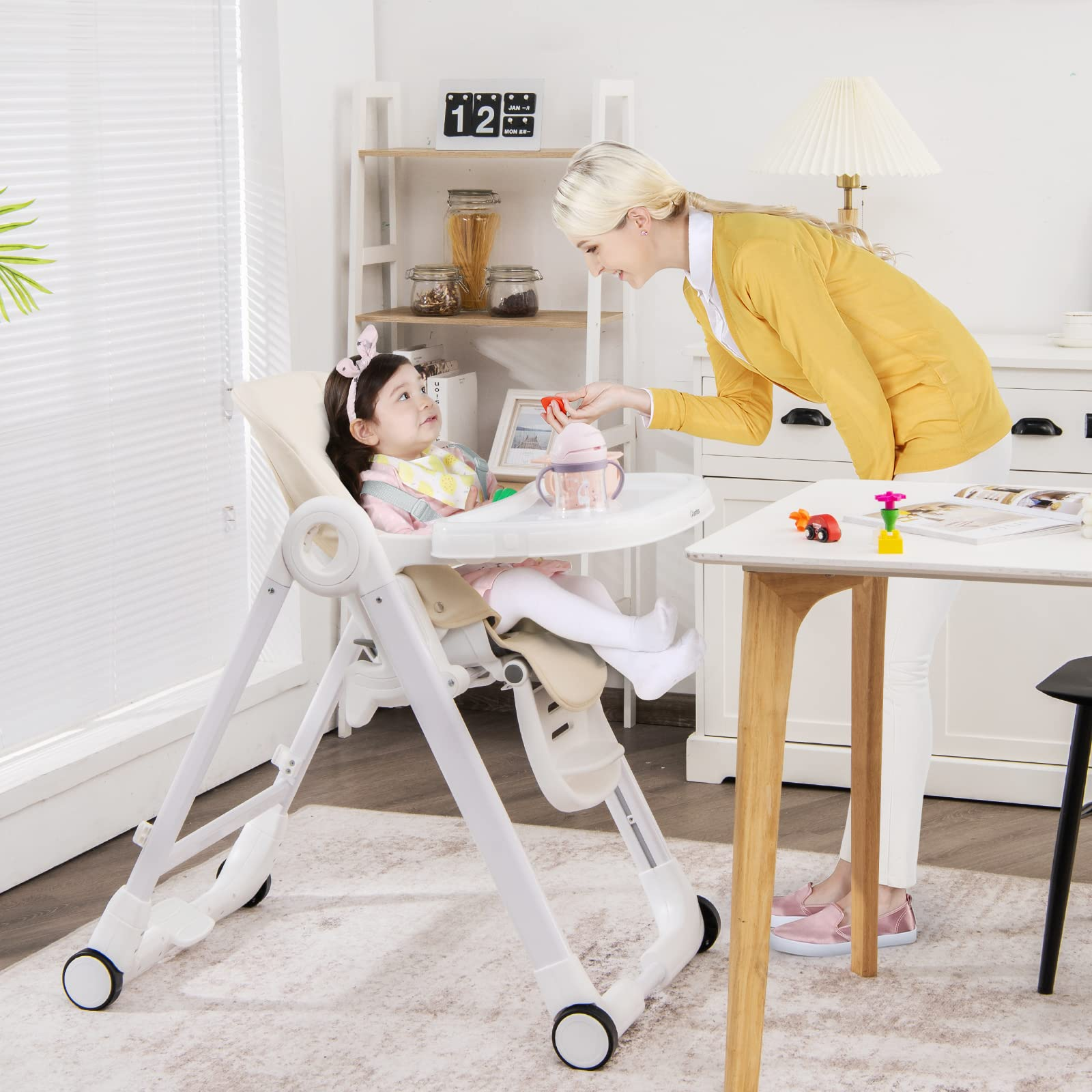 Baby High Chair, Folding Highchair w/ 4 Wheels, One-Step Brake