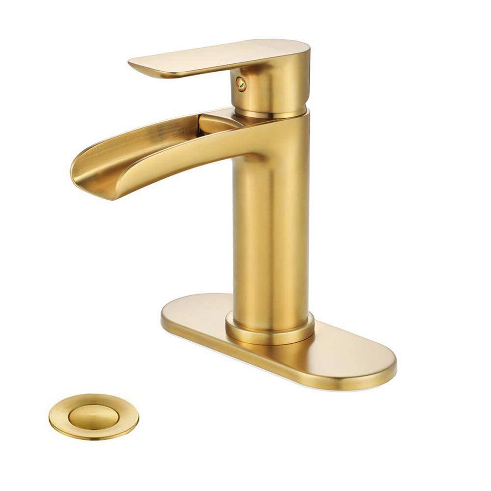 Miscool Single-Handle Single-Hole Bathroom Sink Faucet with Pop-up Drain Assembly Waterfall in Brushed Gold FAMSH10C1970BGL